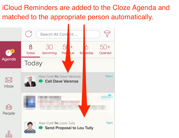 Cloze Smart Linking - iCloud Reminder mentions a person