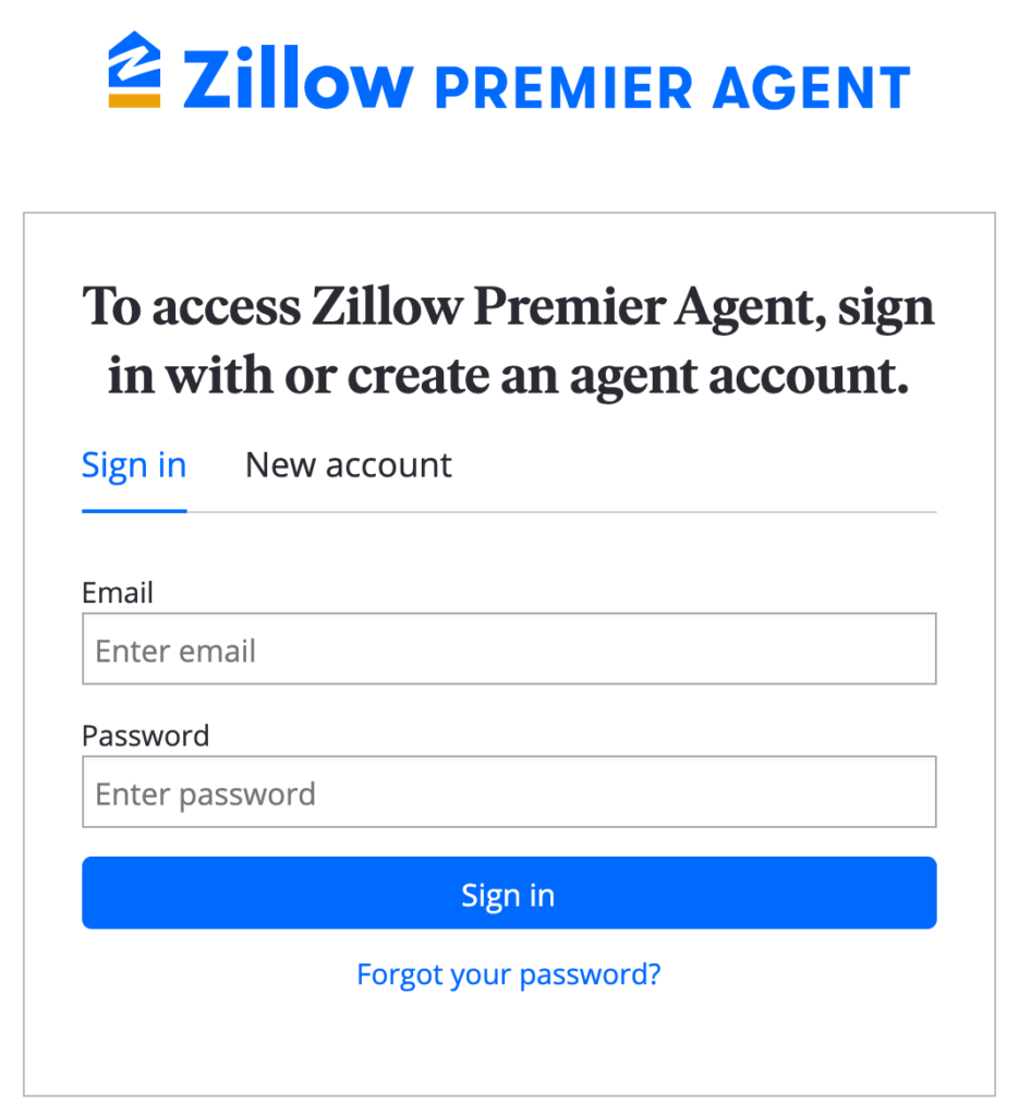 Zillow Premier Agent sign in screen. 