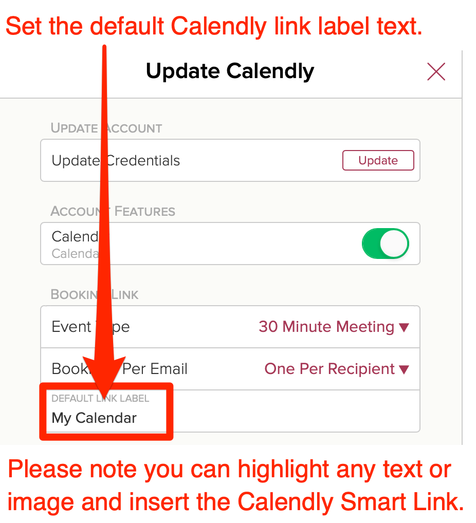 Set the default Calendly link label text in Cloze CRM.