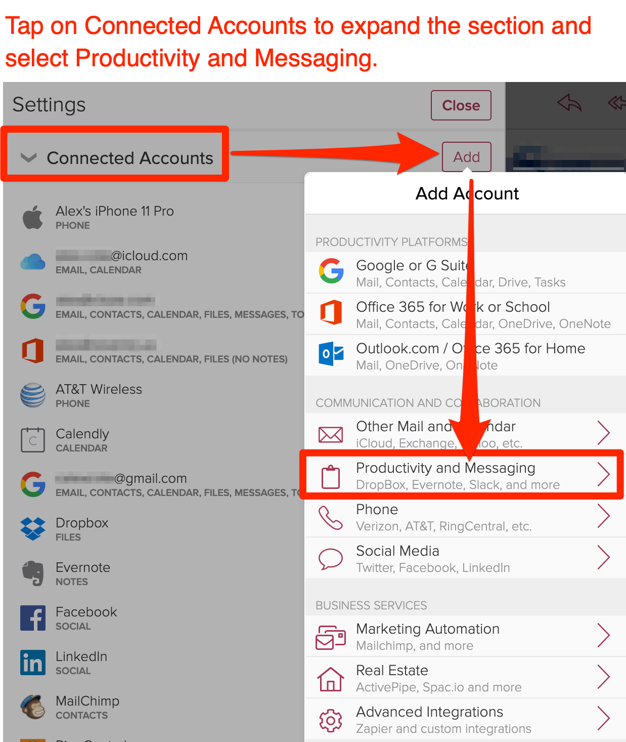 Tap on Connected Accounts to expand the section and select Productivity and Messaging to Connect Calendly to Cloze CRM.