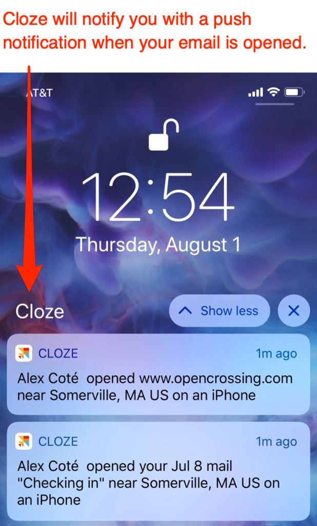 Cloze email open push notification on an iPhone.