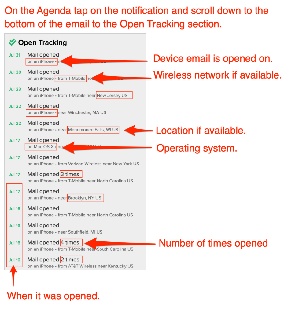 Email open tracking details in Cloze.