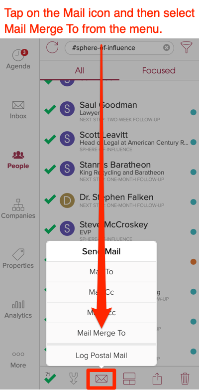 Tap on the mail icon and select Mail Merge. 