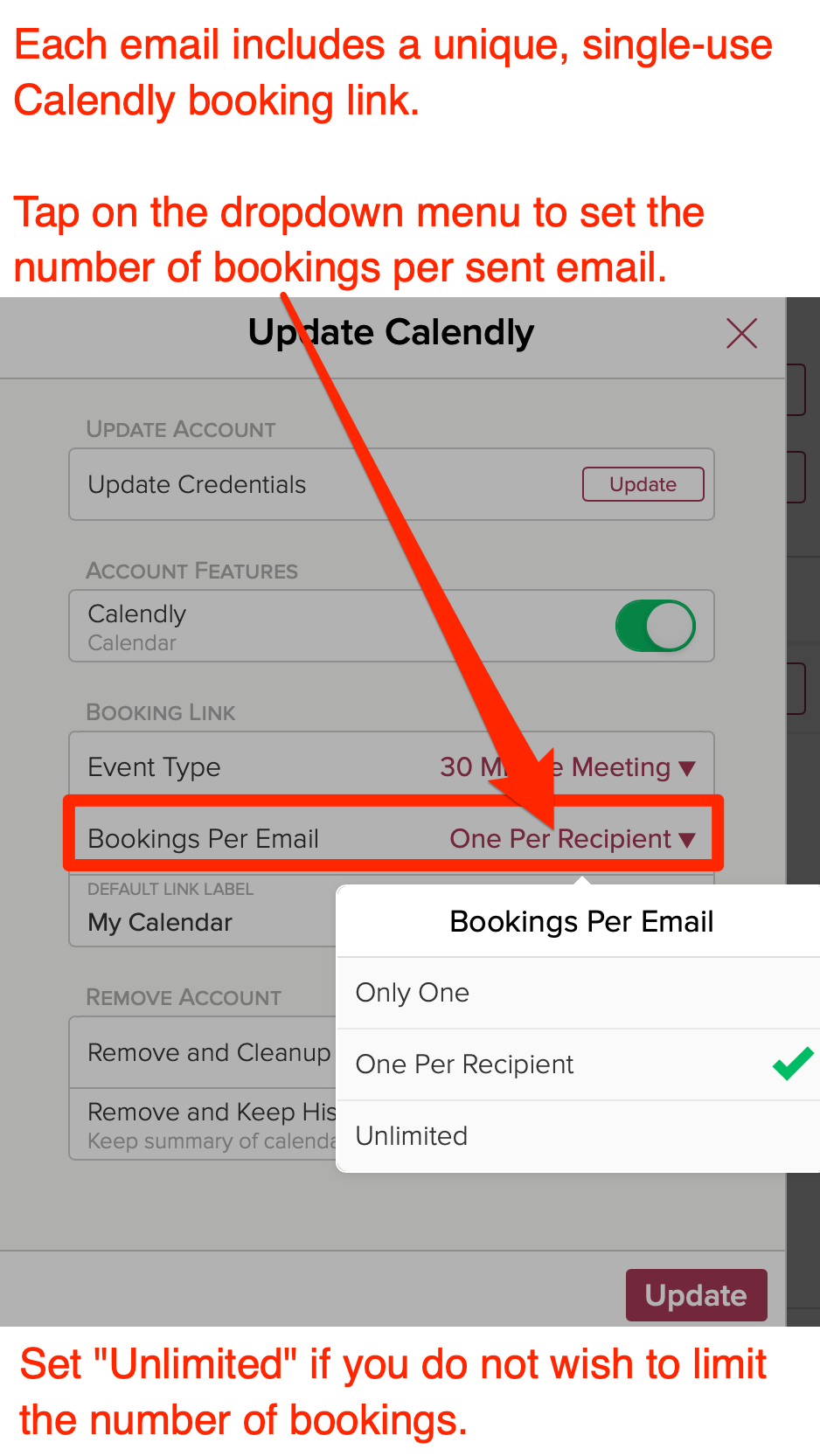 Set the number of Calendly bookings per email in Cloze CRM.