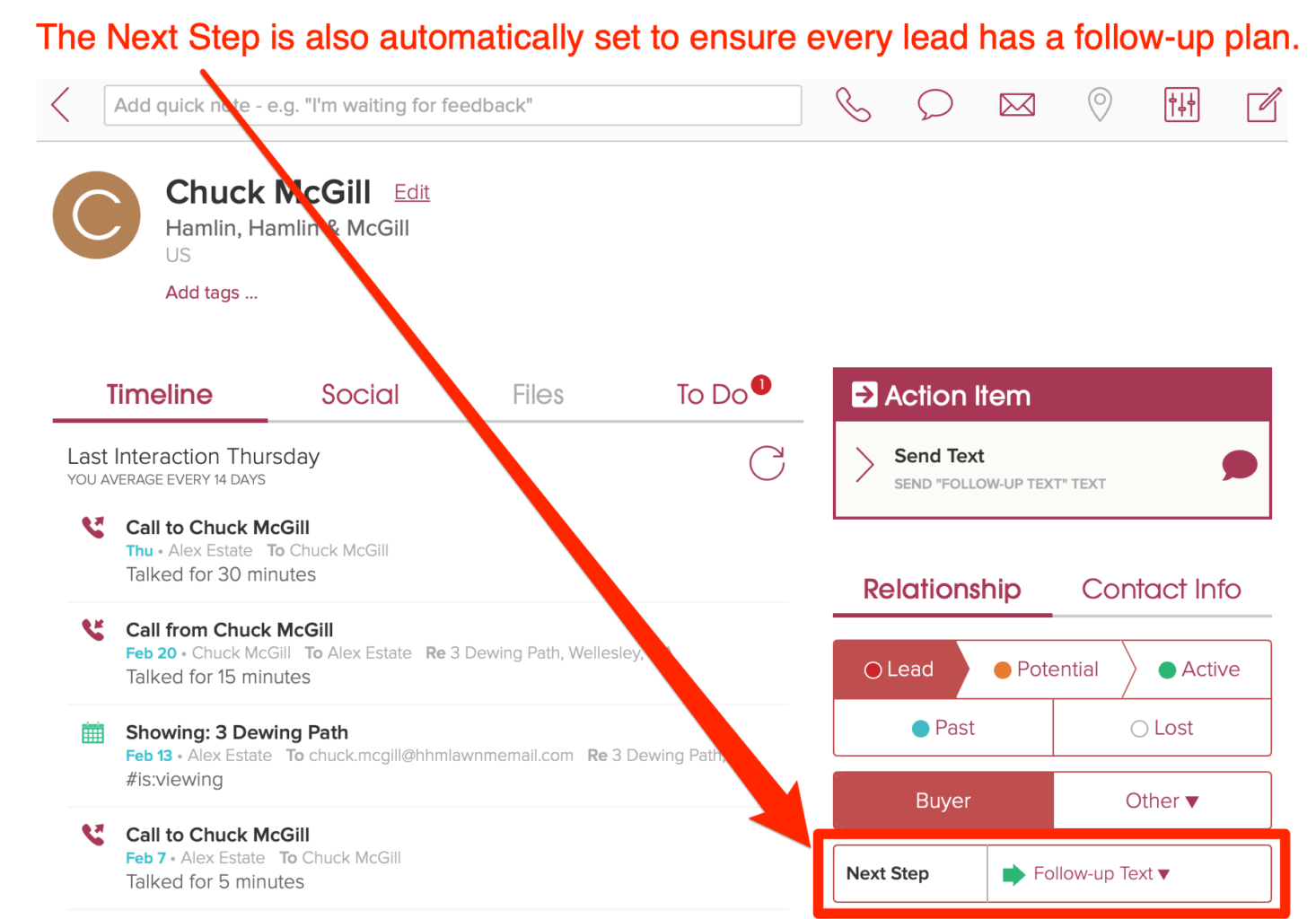 The Cloze Next Step is automatically set to ensure follow-up. 