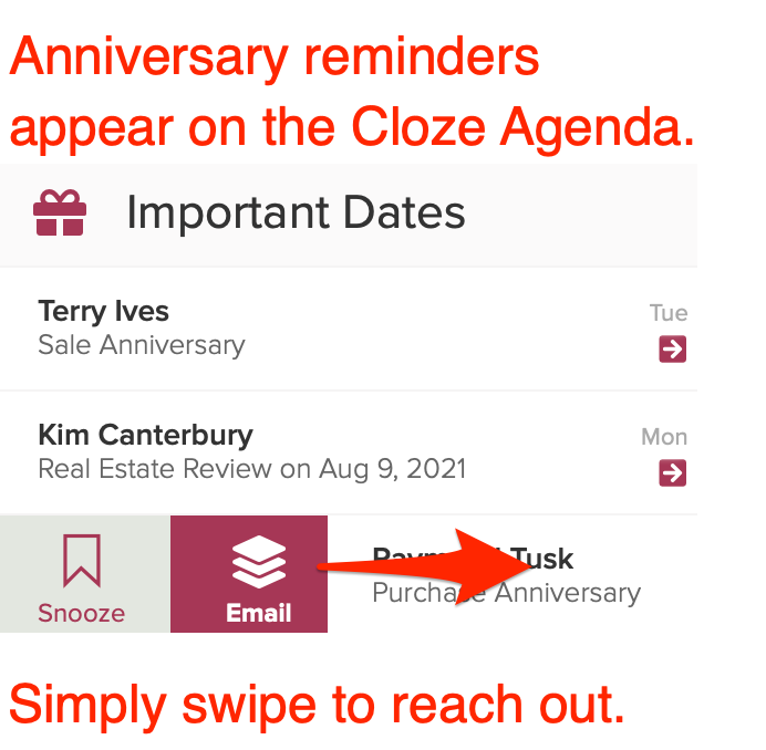 Anniversary reminders appear on the Cloze Agenda. 
