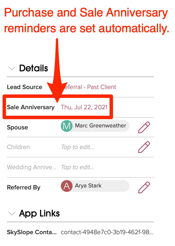 Purchase and sale anniversary reminders are automatically set in Cloze.