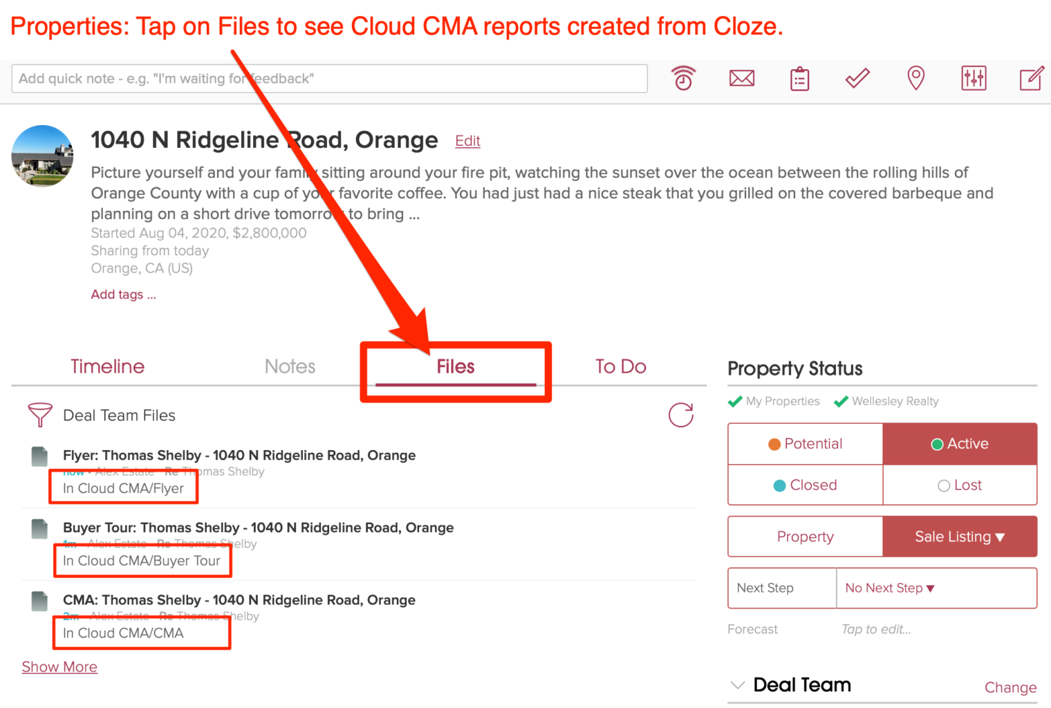 Tap on Files to see Cloud CMA reports created from Cloze on a property. 