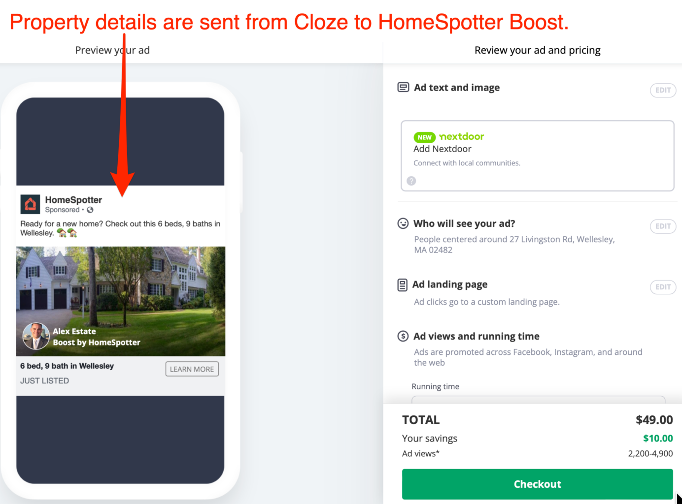 Property details are sent from Cloze to HomeSpotter Boost.