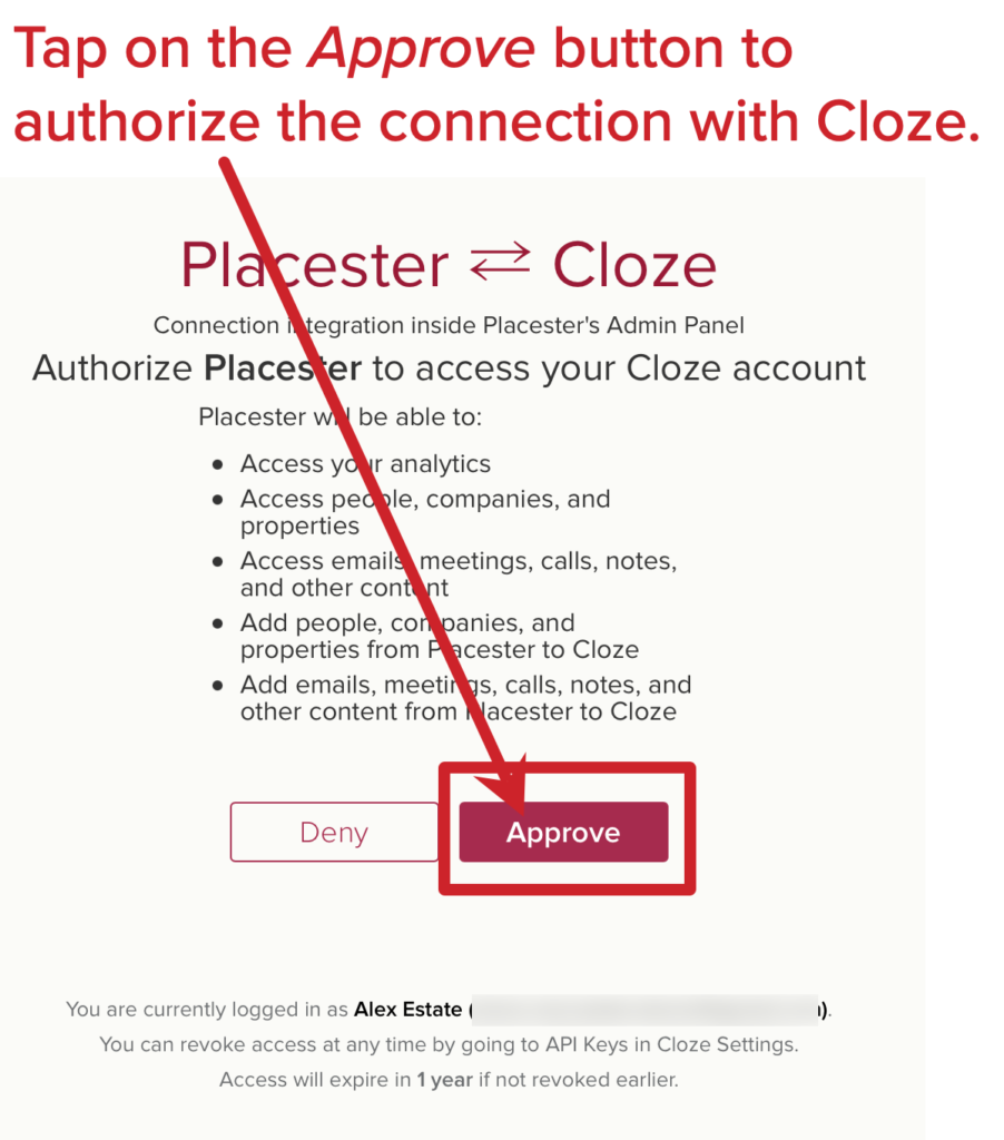 Tap on the Approve button to authorize the connection with Cloze.