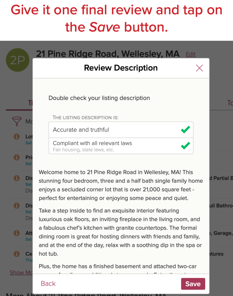 Cloze: give the listing one final review and tap on the save button. 