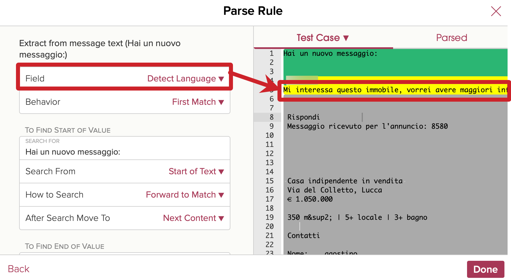 Cloze lead capture parse rule. 